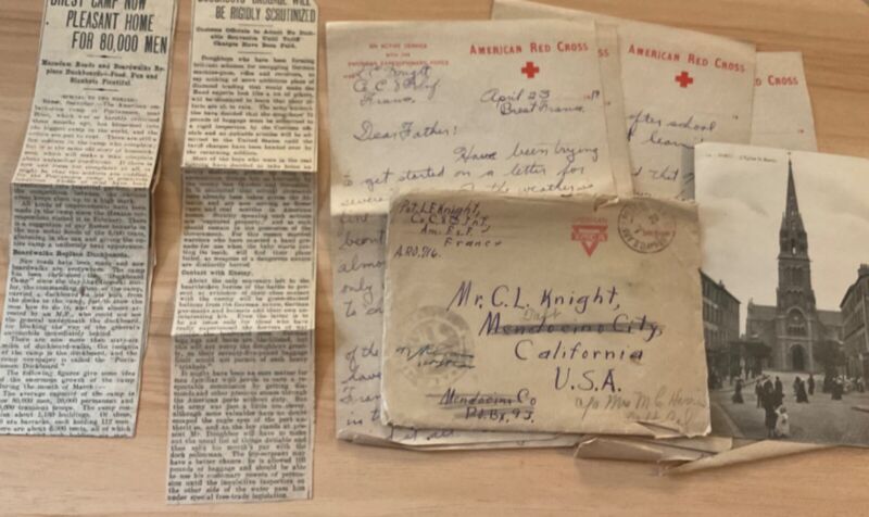WWI AEF letter Co C 8th Inf, oranges YMCA, gold chevron, charge of 30 men Knight