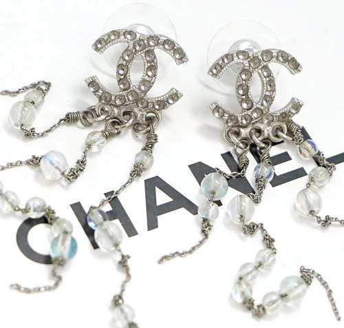 CHANEL CC Logos Clear Stone Aurora Fringe Stud Earrings