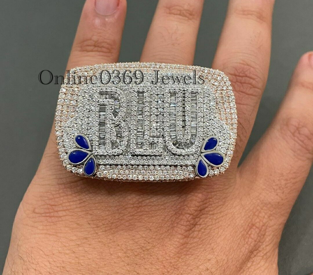 Pre-owned Online0369 For Men's Giant Custom Name 6ct Round Baguette Moissanite Ring In 925 Silver In White