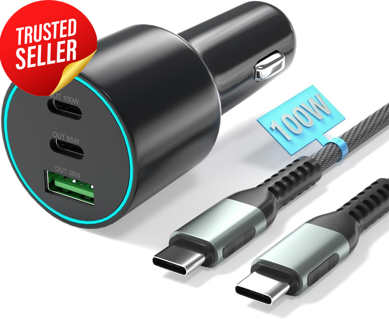 165W USB-C Car Charger 3 Ports PD3.0 100W Cable