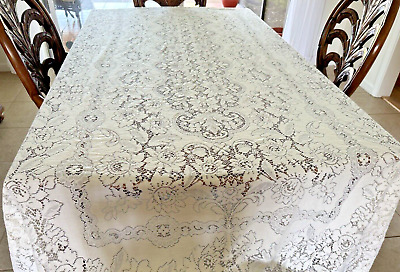 Vintage Tablecloth Lace Beige Antique White Center Medallion 70x126