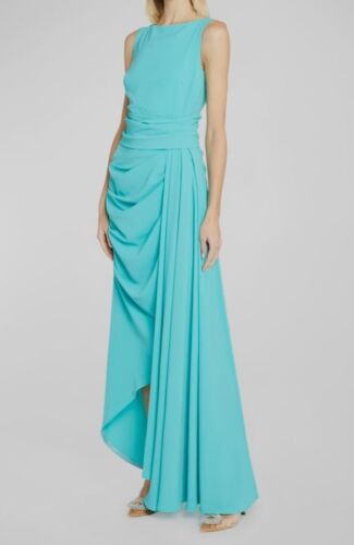 Pre-owned Talbot Runhof $2095  Women's Blue Gathered Sleeveless Gown Dress Size 12