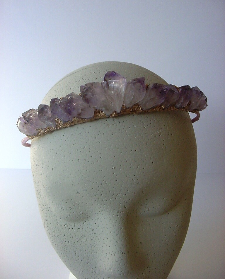 Raw Amethyst Crystal Fairy Boho Crown Tiara Gold Leaf