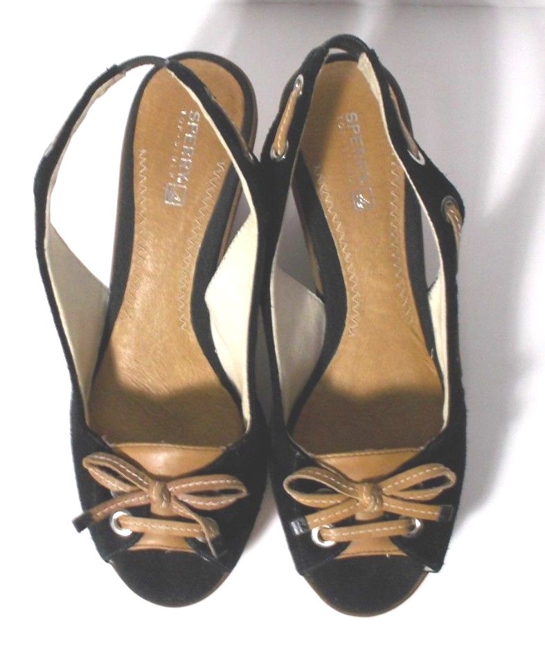 Sperry Top Sider Wedge Heel Canvas Peep Toe Black Womens Shoes Size 9.5