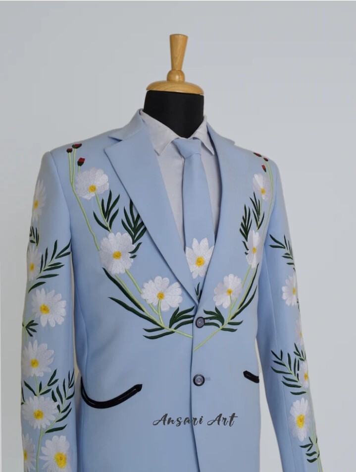 Pre-owned Art Men's 2pc Lavender Country Western Suit Cotton Customized Single Cowboy Attire In Blue