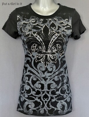 New VOCAL Womens CRYSTAL BLACK FOIL FLEUR DE LIS OLD SCHOOL SHIRT S M L XL