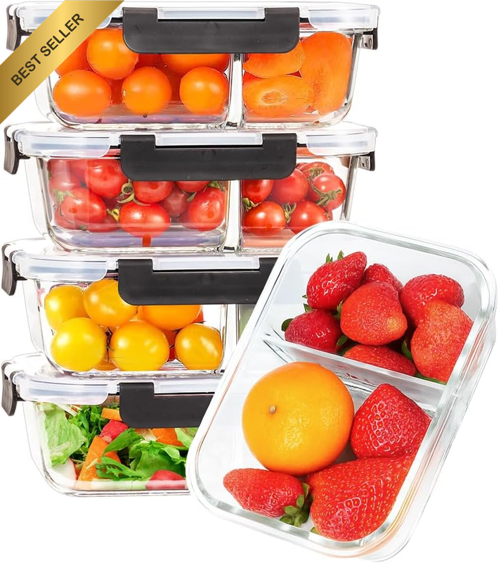 5 Pack 1040Ml(35Oz) Glass Food Storage Containers 2 Compartments, Glass Meal Pre