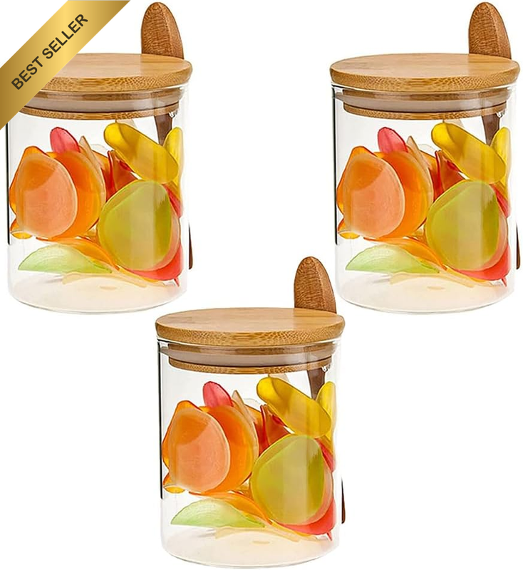3Pcs Glass Jars,With Bamboo Lid,Spoon,Food Sealed Organizer,Transparent Tea Can,