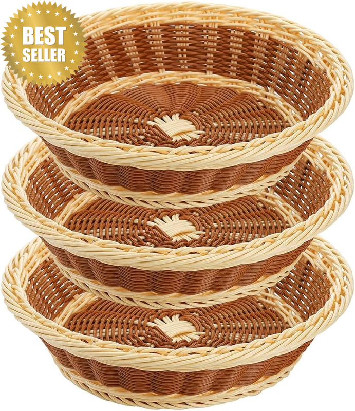 3 Pack Woven Bread Baskets,Round Imitation Rattan Fruit Basket,Stackable Fruit B