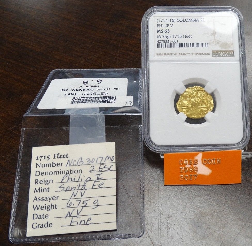1714-16 SHIPWRECK GOLD COLOMBIA 2 ESCUDO NGC MS 63 (001) 6.75g FROM 1715 FLEET