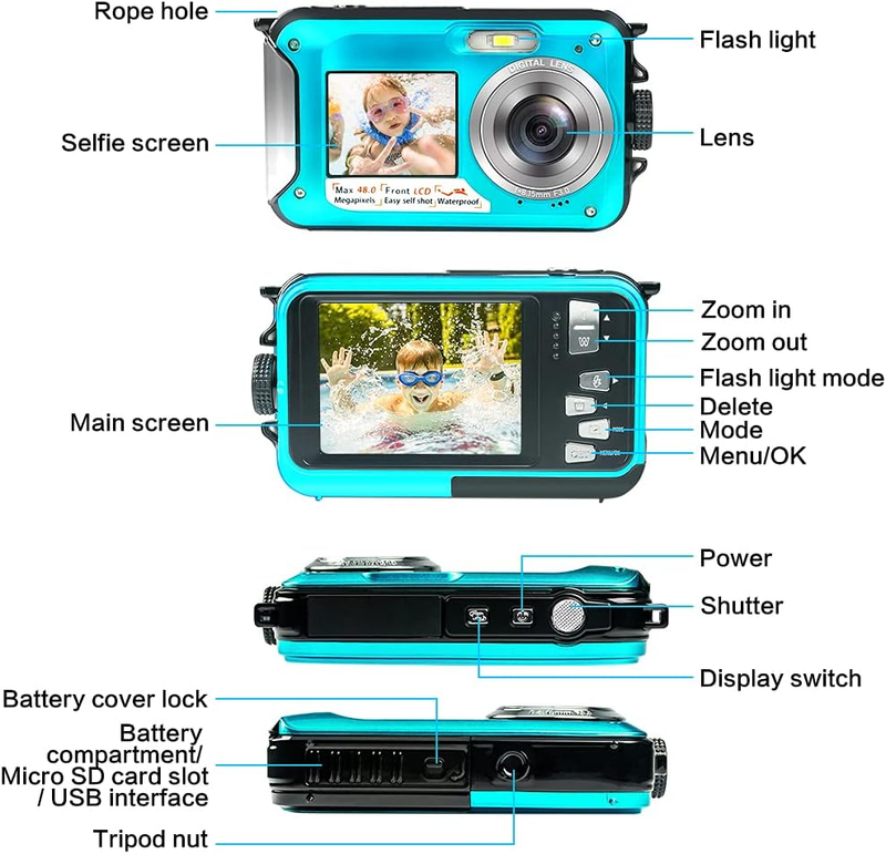 Underwater Camera, Waterproof Camera Full HD 2.7K 48MP Waterproof Camera Digital