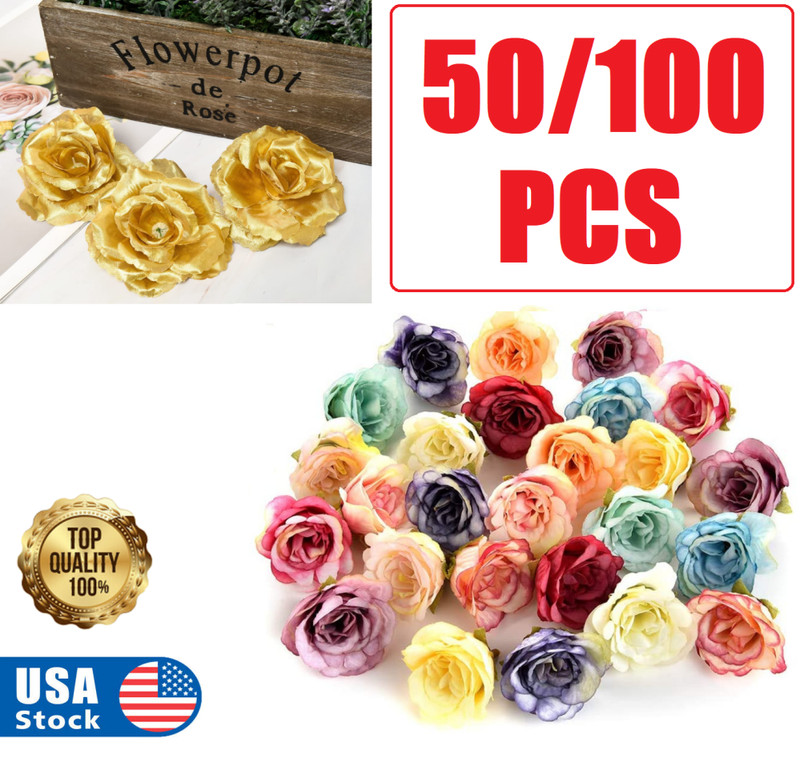 50/100PCS Artificial Rose Flower Heads Bulk Wedding Bouquets for DIY