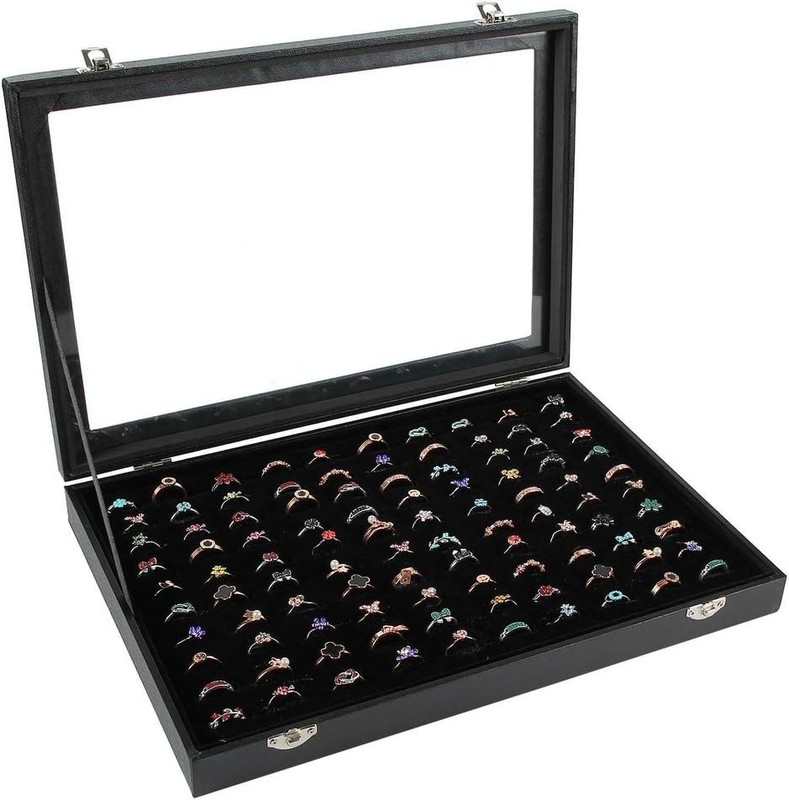 Ring Organizer Box 100 Slots Storage Display Case Tray Holder PU Leather Black