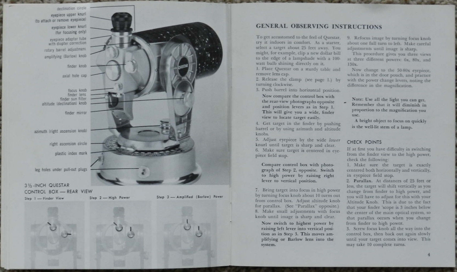 Questar Telescope Instruction Book with Brochure 1967 - 1973