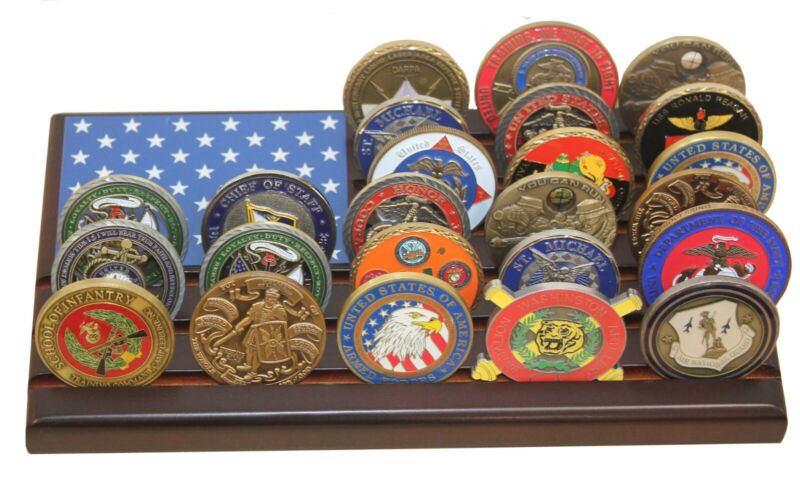 Challenge Coin Display Stand Rack Flag style, Solid Wood, Mahogany Finish