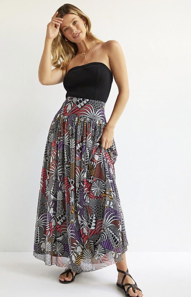 Юбка макси Anthropologie Farm Rio Tropical на сетчатой подкладке, черно-белая, мульти XS NWT