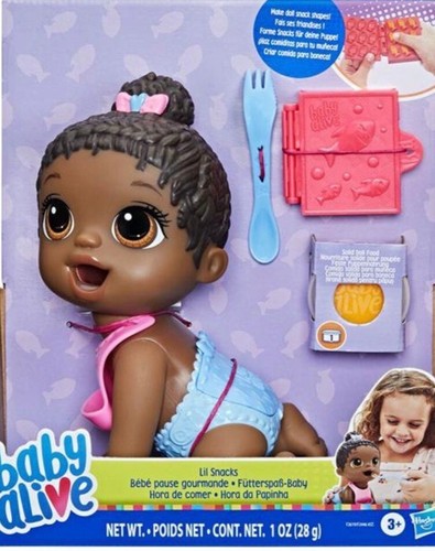 Baby Alive Lil Snacks Doll with Black Hair, Eats and 