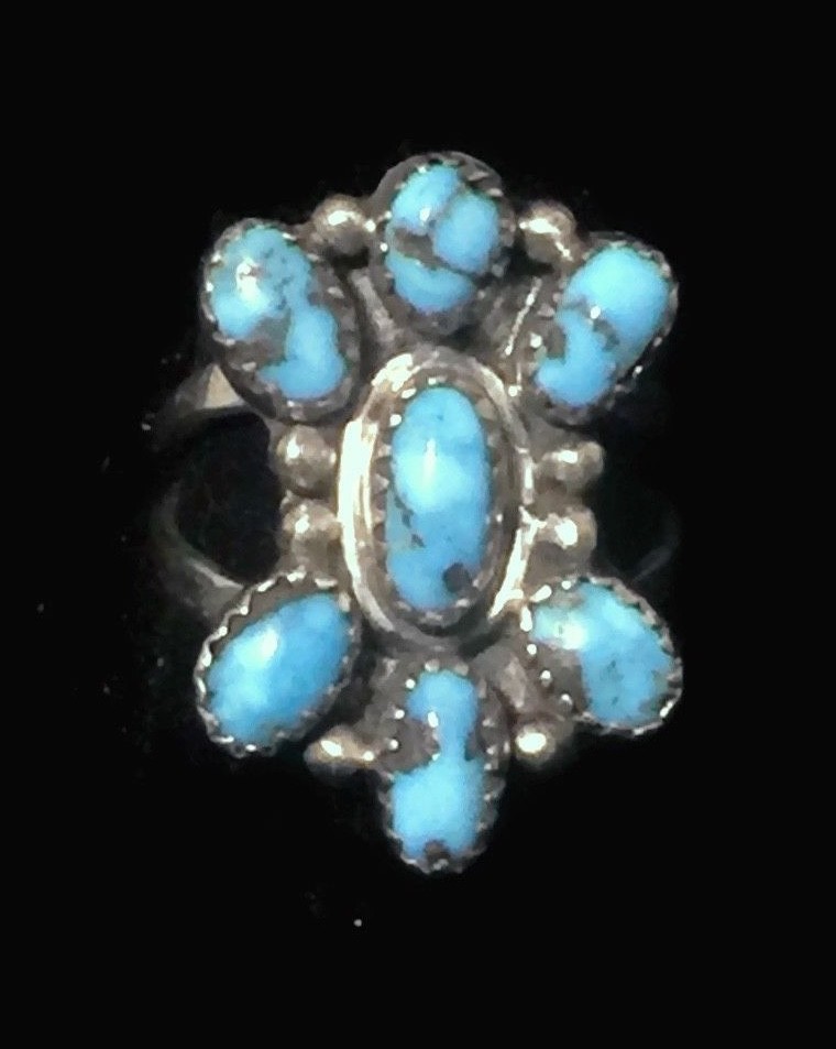 Vintage Flower Turquoise Petite Point Southwest Sterling Silver Ring Size 8.75