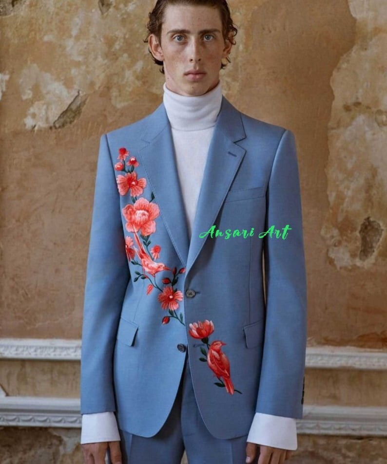 Pre-owned Art Men Blue Embroidered 2 Piece Suit Made To Measure Cotton Wedding Cocktail Py