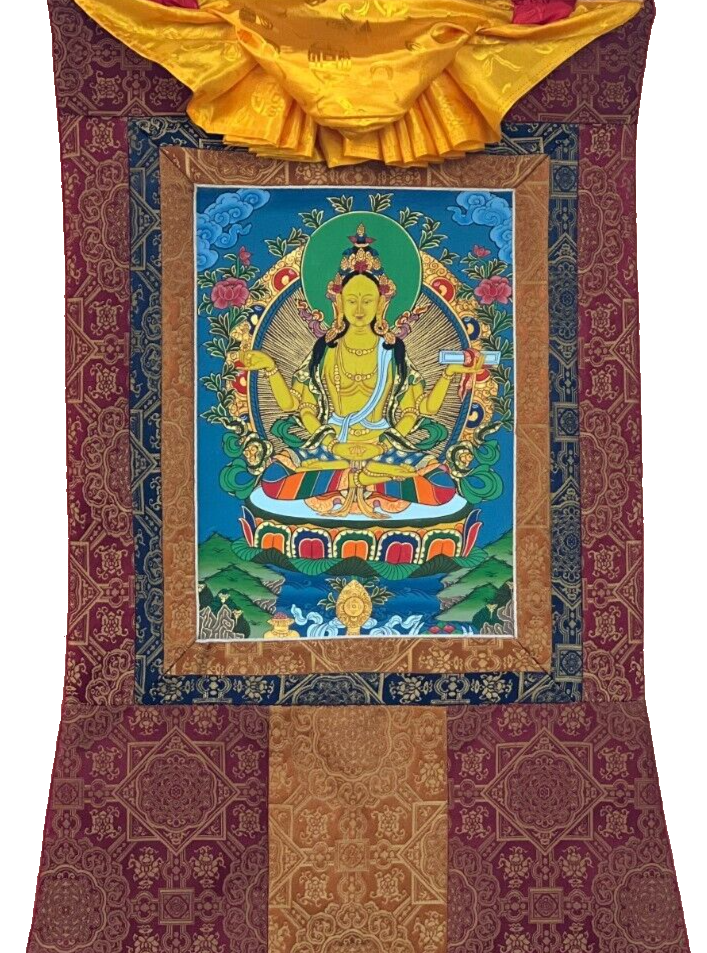 PRAJNAPARAMITA-PERFECT WISDOM ORIGINAL TIBETAN THANGKA PAINTING WITH SILK BORDER