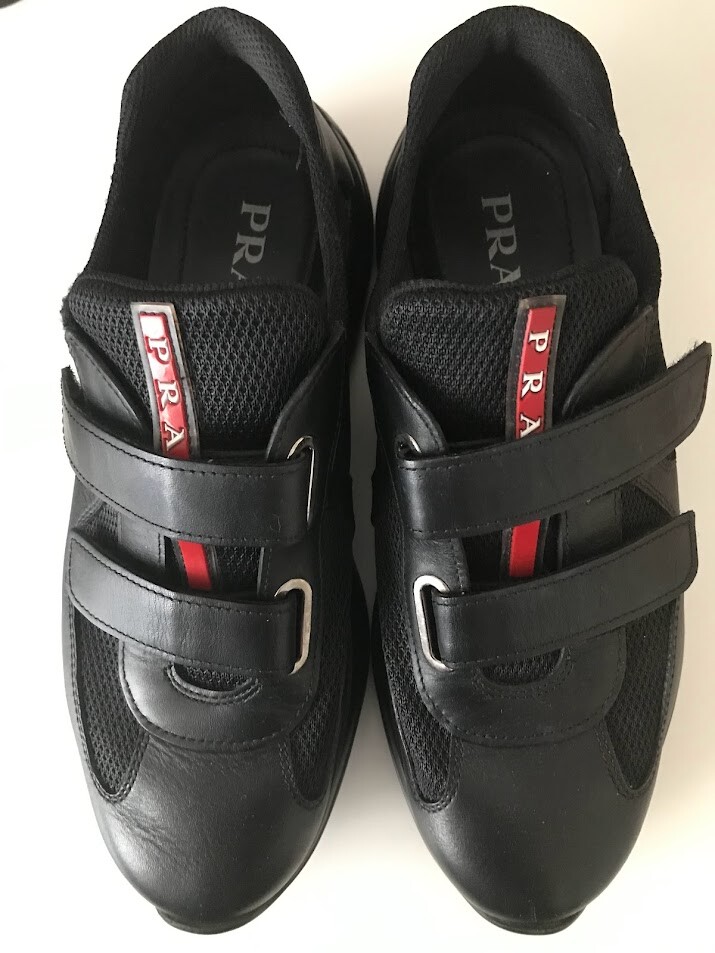 PRADA Black Leather Strap Sneakers Shoes size 38 Red Sport