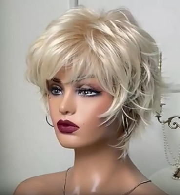 Short Blonde Pixie Cut Wigs for White Women Full Layered Natural Wavy Synthetic
