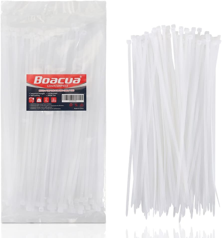 White Zip Ties Heavy Duty 12 Inch,100 Pack,50Lb, Cable Ties, Clear Zipties