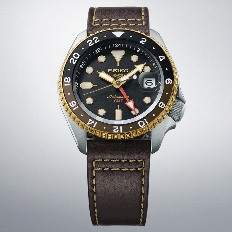 Pre-owned Seiko 5 Sports Sbsc020 Skx Series Gmt Automatic Watch Brown Leather Band 42.5mm