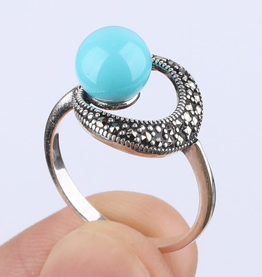MARCASITE SIMULATED TURQUOISE .925 SOLID STERLING SILVER RING SIZE 9 #53162