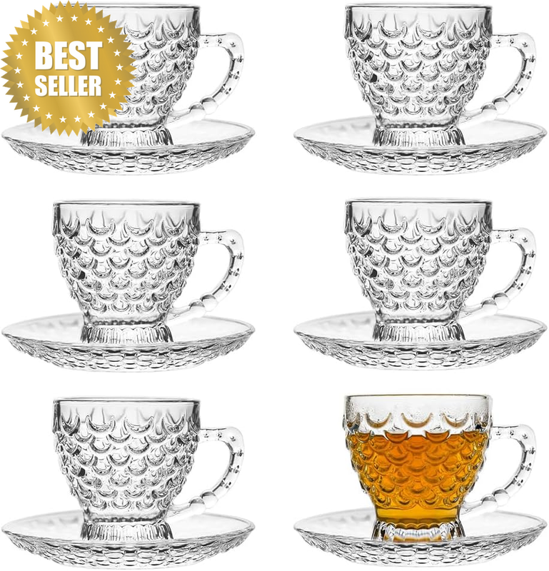 Glass Tea Cups and Saucers Set of 6, Transparent Fish-Scale Patterned Embossed C
