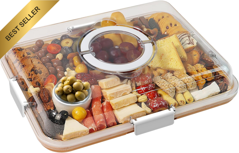 Charcuterie Board with Locking Lid, Bamboo Cheese Tray, Portable Cutting Serving