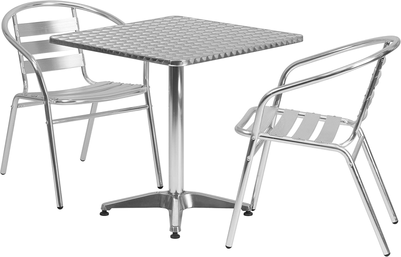 27.5'' Square Aluminum Indoor-Outdoor Table Set with 2 Slat Back Chairs
