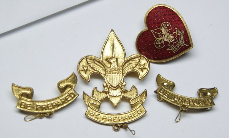 pat 1911 Boy Scout Life Rank Pin Red Cloisonne Heart BSA Be Prepared Lot of Four