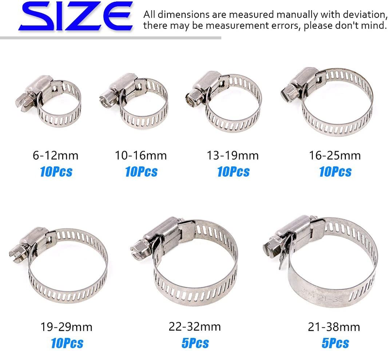 60Pcs Assorted Sizes Hose Clamps Kit, 304 Stainless Steel Adjustable 6-38mm Rang