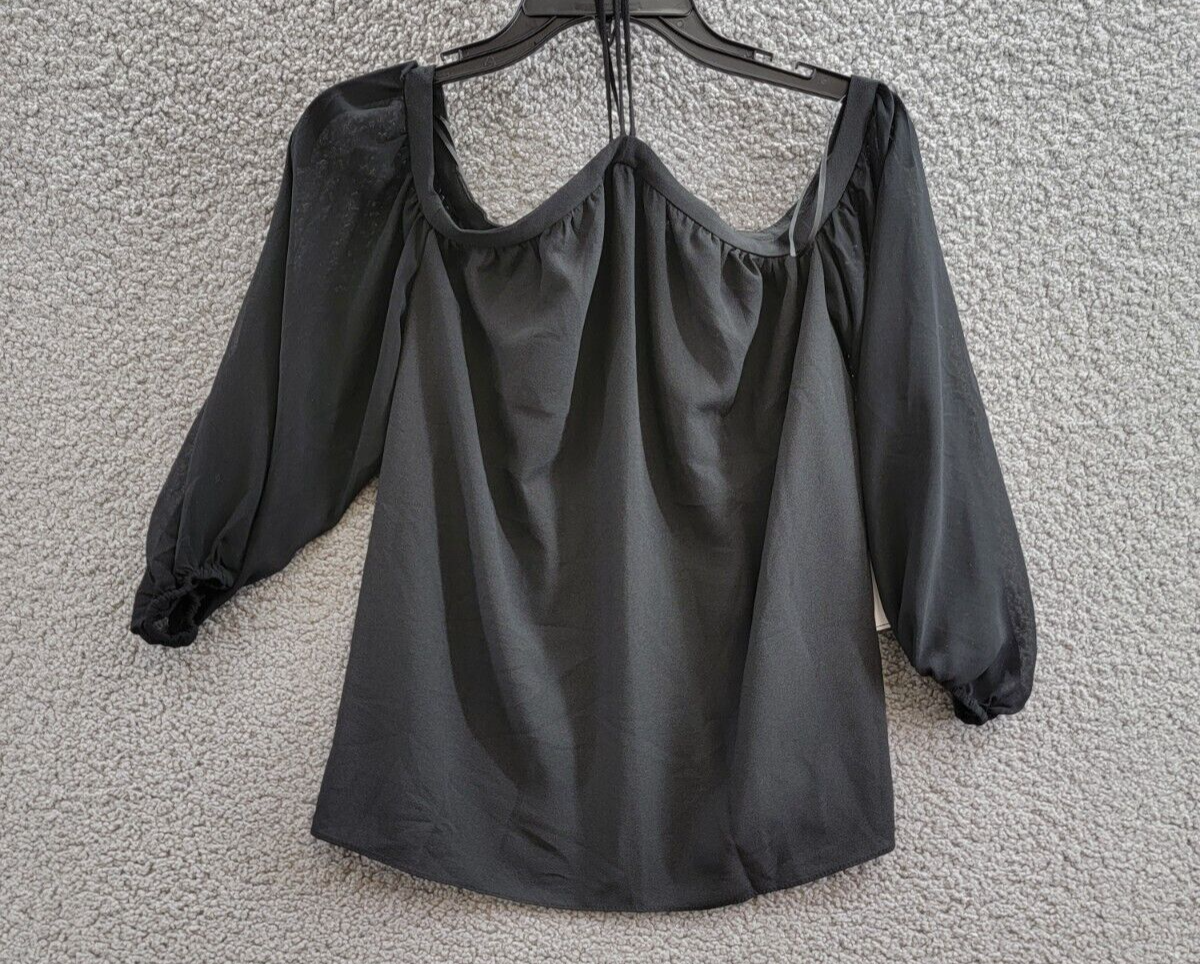 1.STATE Off-The-Shoulder Halter Neck Blouse Women's XXS Black Button Back L/S - Picture 2 of 15