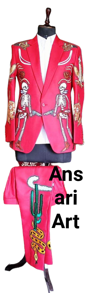 Pre-owned Art Men's Red Cotton 2pc Designer Suite Embroidered Coat Pants Wadding And Cocktail