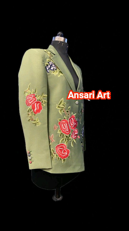 Pre-owned Art Women Custom Made Green Cotton 2pc Suit Country Western Hand Embroidered Outfit