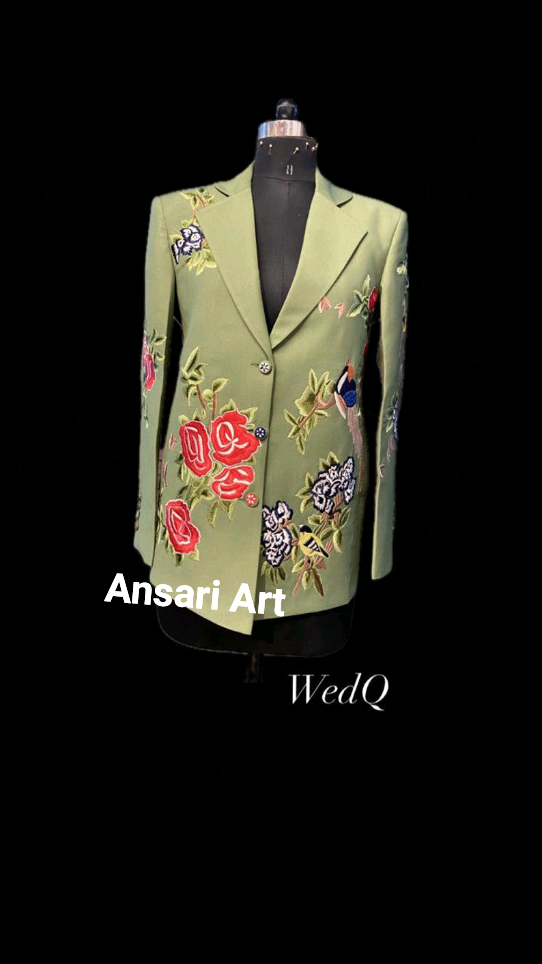 Pre-owned Art Women Custom Made Green Cotton 2pc Suit Country Western Hand Embroidered Outfit