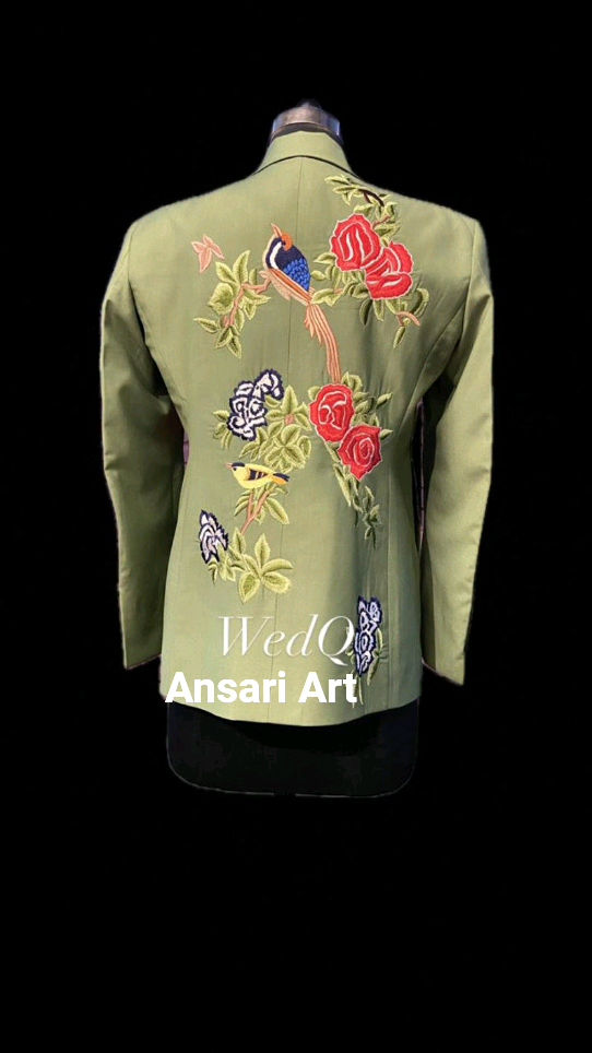 Pre-owned Art Women Custom Made Green Cotton 2pc Suit Country Western Hand Embroidered Outfit