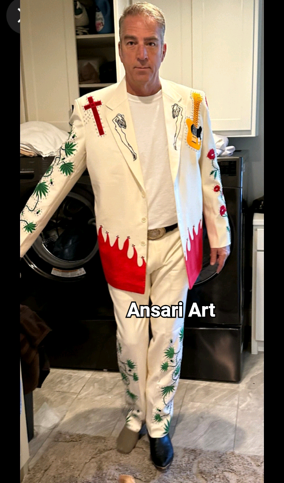 Pre-owned Art Mens Designer Suit 2pc Country Western Suit Customized Floral Hand Embroidered In White