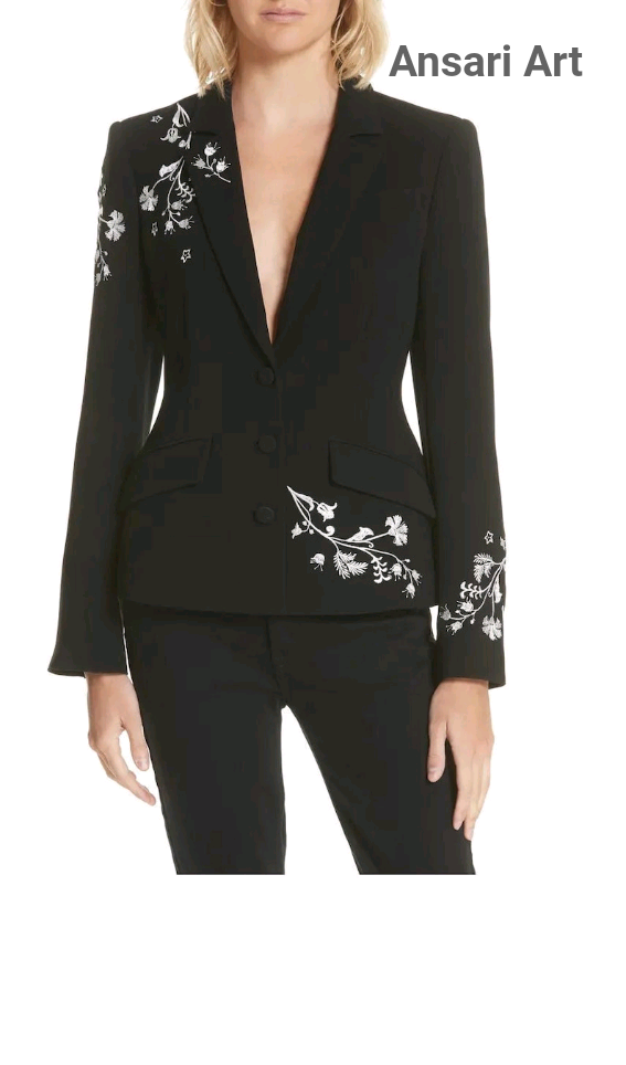 Pre-owned Art Women Floral Embroidered Blazer Personalized Black Cotton Jacket Westen Py