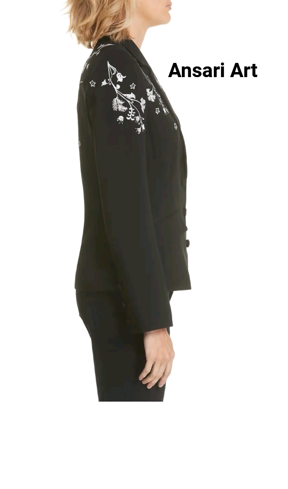 Pre-owned Art Women Floral Embroidered Blazer Personalized Black Cotton Jacket Westen Py