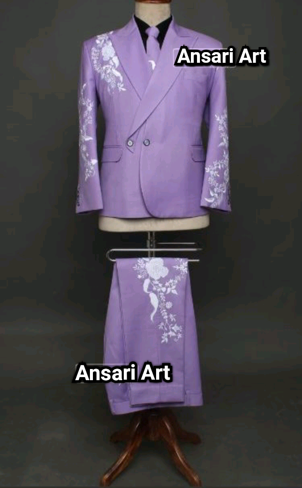 Pre-owned Art Men's Bespoke Lavender Cotton Suit White Floral Embroidered Designer Outfit