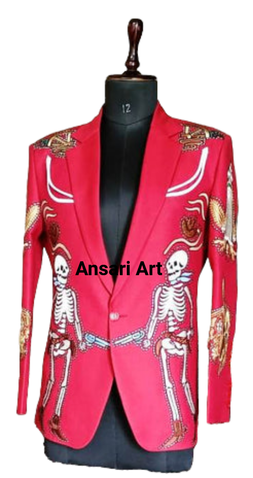 Pre-owned Art Men's Red Cotton 2pc Designer Suite Embroidered Coat Pants Wadding And Cocktail