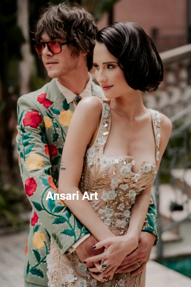 Pre-owned Art Men Green 2pc Customized Country Western Suit Floral Flowers Embroidered Wedding