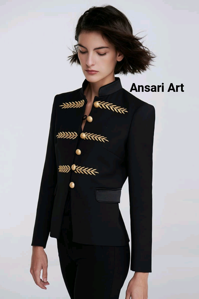 Pre-owned Art Women Black Military Blazer Custom Made Embroidered Designer Formal Wedding Suit