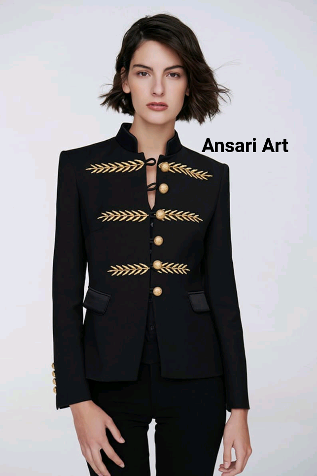 Pre-owned Art Women Black Military Blazer Custom Made Embroidered Designer Formal Wedding Suit