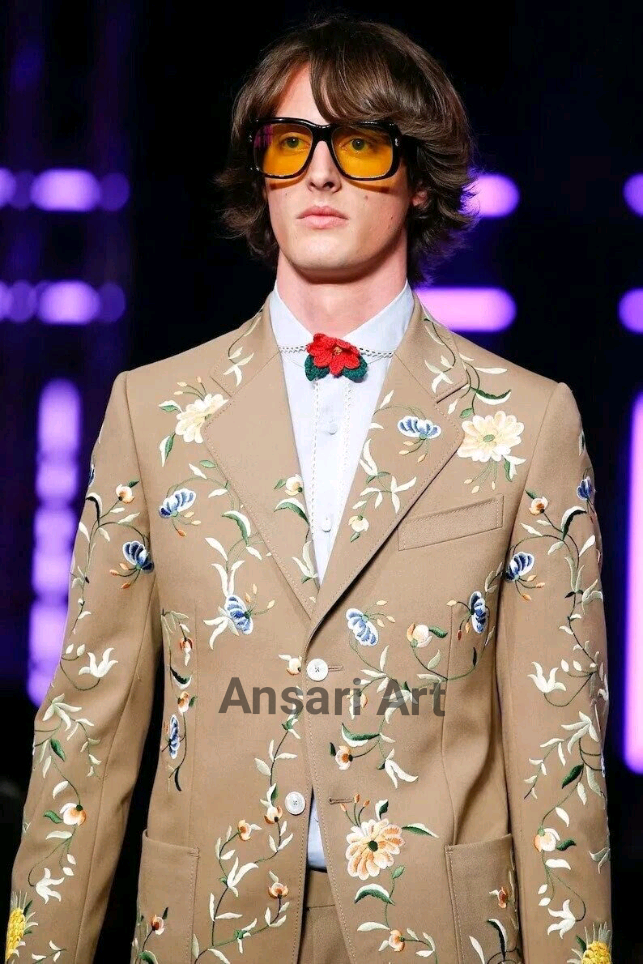 Pre-owned Art Men 2pc Beige Cotton Suit Personalized Floral Embroidered Notch Lapel Designer