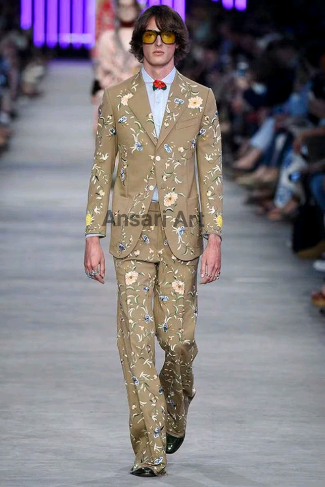 Pre-owned Art Men 2pc Beige Cotton Suit Personalized Floral Embroidered Notch Lapel Designer