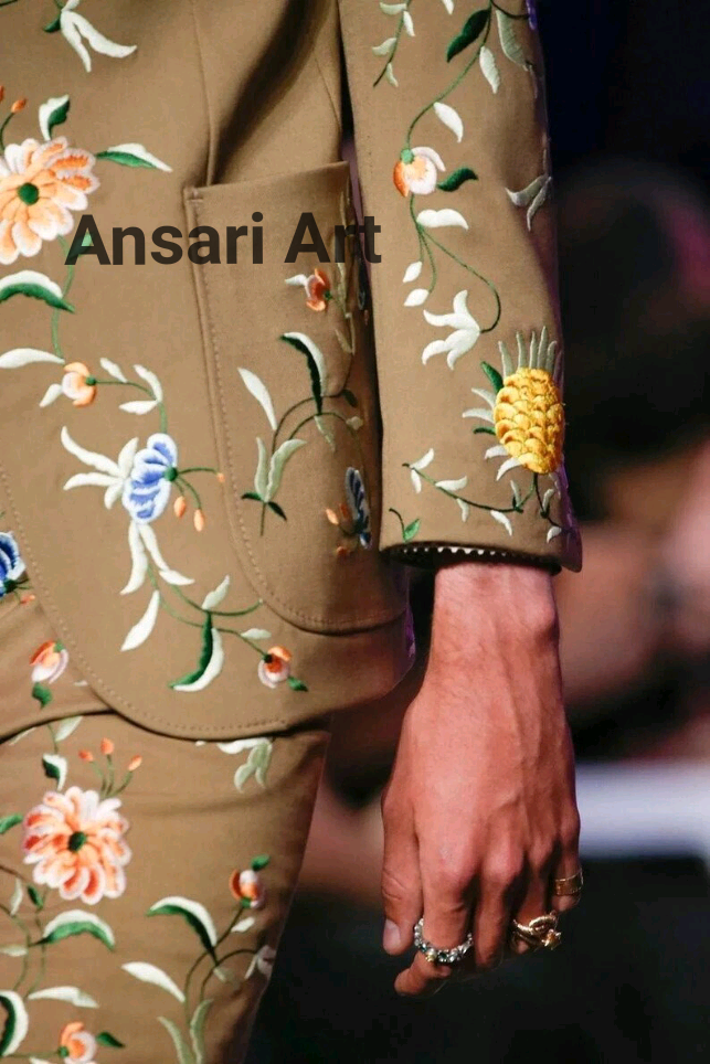 Pre-owned Art Men 2pc Beige Cotton Suit Personalized Floral Embroidered Notch Lapel Designer